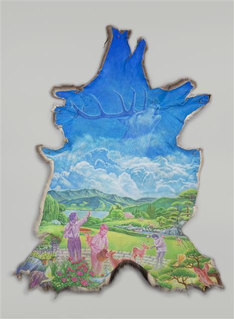 장종완, 그가 말하니 모두들 잠잠해졌다, 사슴가죽위에 유화, 110×155cm, 2015  [사진제공=갤러리아라리오]