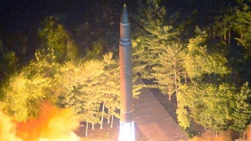 North Korea fires a Hwasong-14 ICBM on July 28, 2017. (KCNA-Yonhap)