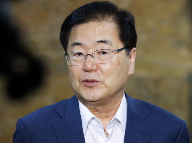 National Security Council chief Chung Eui-yong speaks to reporters at the National Assembly on Thursday. Yonhap