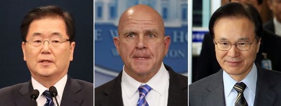 South Korea's National Security Office chief Chung Eui-yong held a video conference with his US and Japanese counterparts, H.R. McMaster and Shotaro Yachi (Yonhap)