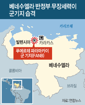 무소불위 권한이 예상되는 제헌의회 출범과 마두로 정권에 반대하는 베네수엘라 반정부 시위대가 6일(현지시간) 발렌시아에서 불타는 바리케이드 뒤쪽에 진을 치고 진압군과 대치하고 있다. 이날 반정부 무장세력이 푸에르테 파라마카이 군 기지(FANB)를 공격, 무장세력 중 2명이 숨지고 8명이 체포된 것으로 전해졌다.    [발렌시아=AFP연합뉴스]