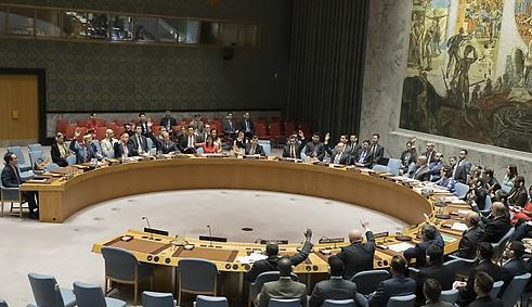 This photo provided by Associated Press shows the scene of the United Nations Security Council's adoption of new sanctions resolution against North Korea on Aug. 5, 2017. (Yonhap)