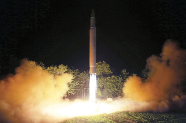 In this July 28, 2017, file photo distributed by the North Korean government on Saturday, July 29, 2017, shows what was said to be the launch of a Hwasong-14 intercontinental ballistic missile at an undisclosed location in North Korea. (AP-Yonhap)