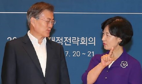 This photo, taken on July 20, 2017, shows President Moon Jae-in and Choo Mi-ae, the leader of the ruling Democratic Party, talking during a state finance strategy meeting at the presidential office Cheong Wa Dae in Seoul. (Yonhap)