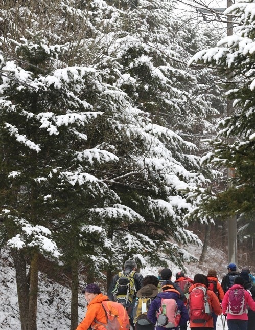 Hikers climb a snow-covered mountain in PyeongChang, some 180 kilometers east of Seoul, on April 1, 2017. (Yonhap)