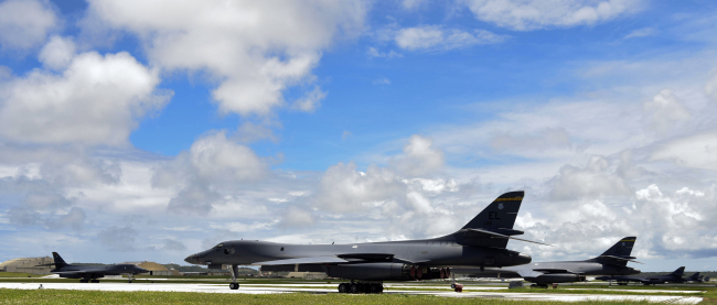 A US B-1B Lancer bomber is stationed at the Anderson Airforce Base in Guam. Yonhap