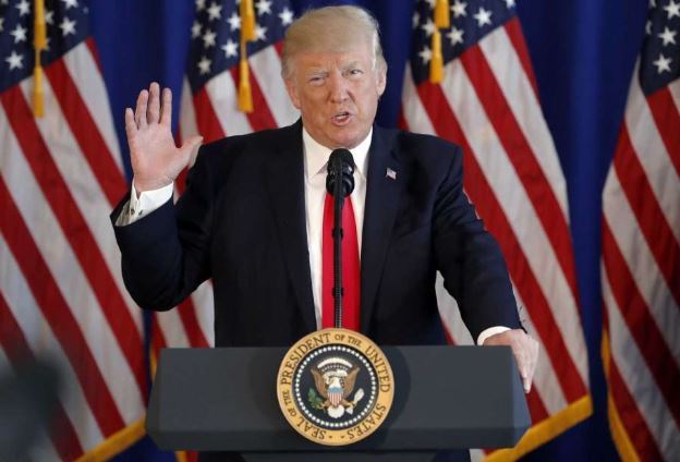 President Donald Trump speaks about the ongoing situation in Charlottesville, Va., at Trump National Golf Club, Saturday, Aug. 12, 2017, in Bedminster, NJ. (AP)