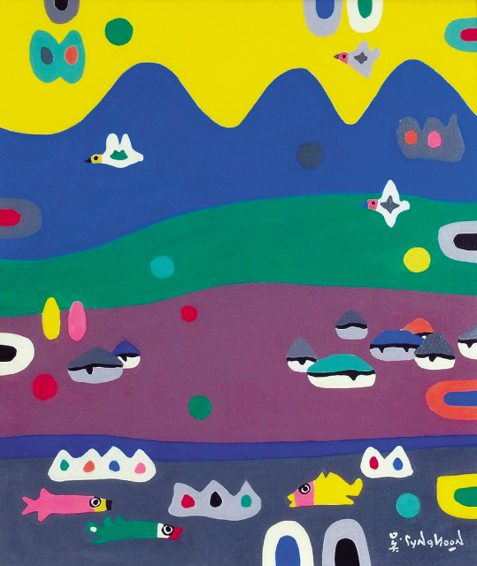 ① 오승윤 , 산과 마을 , 캔버스에 유채 , 53×45.5cm (10호) , 2003
② 이왈종 , 제주생활의 중도 , 장지에 채색 , 23×31.7cm
③ 임직순 , 성당 있는 풍경 , 캔버스에 유채 , 53×45.5cm (10호) , 2001
④ 운보 김기창 , 송음한일 (松陰閑日) , 종이에 수묵담채 , 49.5×60cm , 1983
⑤ 이숙자 , 백로 (白鷺) , 종이에 채색 , 52.5×44.5cm  [제공=헤럴드아트데이]