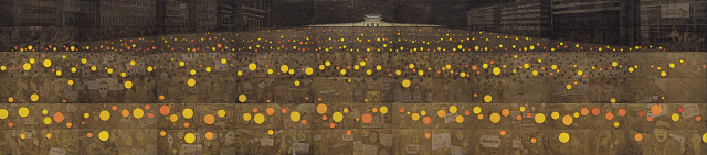 임옥상, ‘광장에, 서’, 2017, 캔버스에 혼합재료, 360x1620cm (108 pieces),  [제공=가나아트센터]