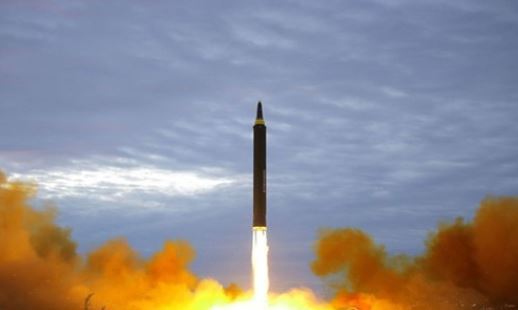This photo released by North Korea's state news agency on Aug. 30, 2017, shows North Korea's firing of a Hwasong-12 intermediate-range ballistic missile, which flew over Japan a day earlier. (Yonhap)