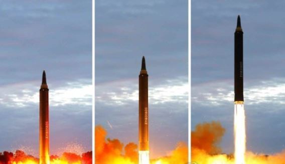 This photo released by North Korea's state news agency on Aug. 30, 2017, shows North Korea's firing of a Hwasong-12 intermediate-range ballistic missile, which flew over Japan a day earlier.(Yonhap)