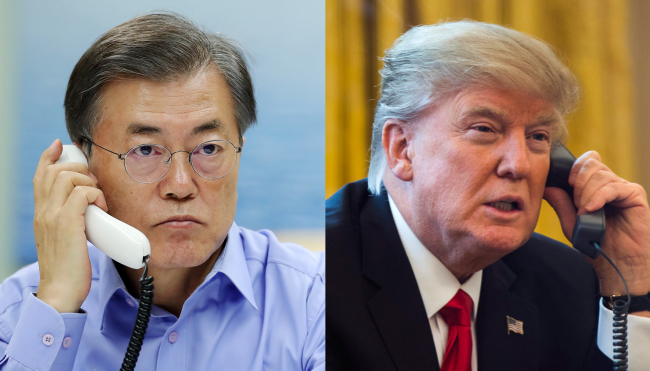 South Korean President Moon Jae-in and US President Donald Trump hold a phone conversation on Friday. Yonhap