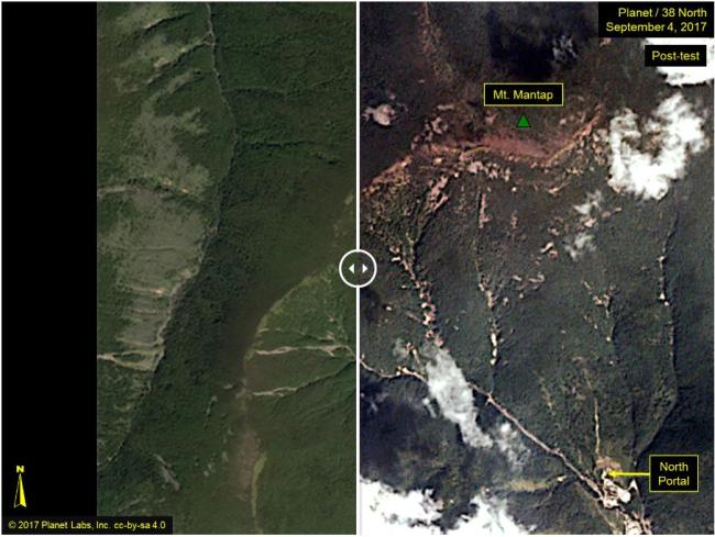 　Satellite images show the Punggye-ri nuclear test site before and after North Korea‘s sixth nuclear test.   38 North-Yonhap