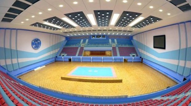 This photo carried by North Korea's news agency KCNA on Aug. 21, 2017, shows the Taekwondo Hall, whose remodeling North Korea has recently completed. (Yonhap)