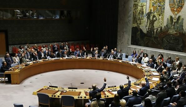 This photo provided by The Associated Press on Sept. 11, 2017, shows the United Nations Security Council's adoption of new sanctions against North Korea's sixth nuclear test. (Yonhap)