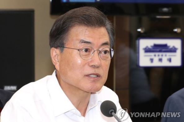 This photo, taken on Sept. 11, 2017, shows President Moon Jae-in speaking during a meeting with his senior secretaries at the presidential office Cheong Wa Dae in Seoul. (Yonhap)