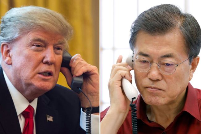 President Moon Jae-in and US President Donald Trump hold a telephone conversation on Sunday. (Yonhap)