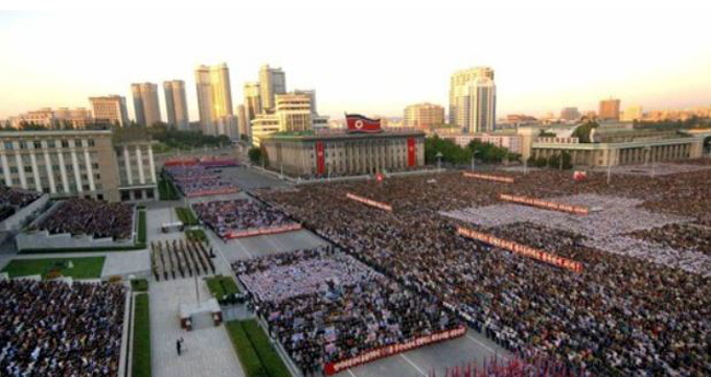 This Korean Central News Agency photo released on Sept. 24, 2017, shows a reported 100,000 North Koreans holding a mass anti-US rally in Pyongyang on Sept. 23, 2017. (Yonhap)