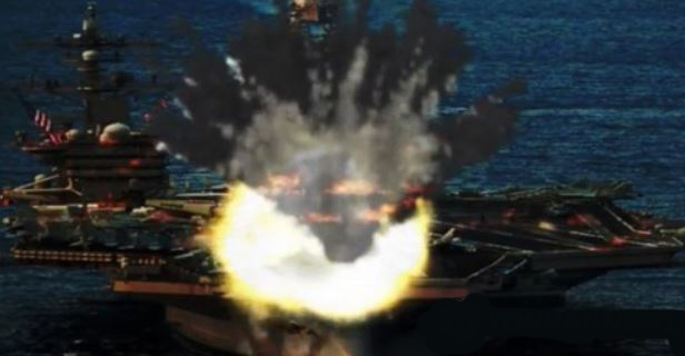 This doctored photo, released by the North Korean propaganda website, DPRK Today, on Sept. 24, 2017, shows the USS Carl Vinson, a nuclear-powered supercarrier, getting hit by a North Korean submarine-launched missile. (Yonhap)