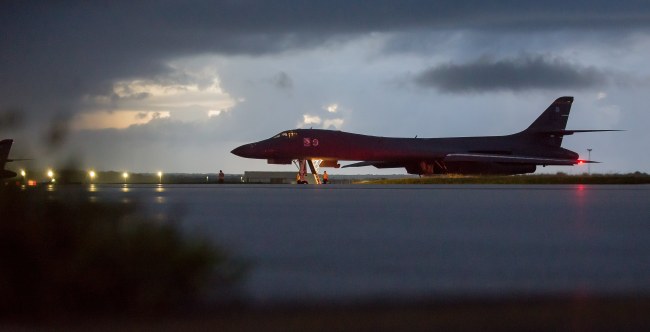 This handout photo shows a US Air Force B-1B Lancer, which was assigned to the 37th Expeditionary Bomb Squadron and deployed from South Dakota, as it prepares to take off from Andersen Air Force Base on Guam, Saturday. (EPA-Yonhap)