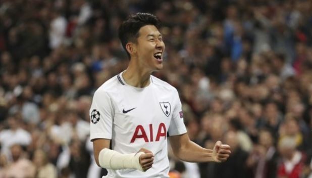 In this Associated Press file photo taken on Sept. 13, 2017, Son Heung-min of Tottenham Hotspur celebrates after scoring the opening goal during the Champions League group H soccer match against Borussia Dortmund at Wembley stadium in London. (Yonhap)