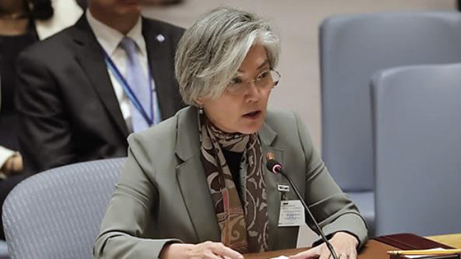 In this Associated Press photo taken Sept. 21, 2017, South Korean Foreign Minister Kang Kyung-wha speaks during a UN Security Council meeting at the UN headquarters in New York. (Yonhap)