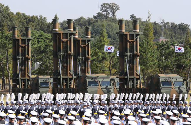South Korea's military unveils Hyunmoo II-C ballistic missile. Yonhap