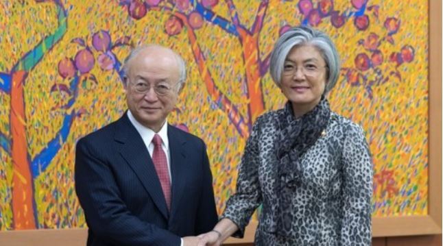 Director General Yukiya Amano of the International Atomic Energy Agency and Foreign Minister Kang Kyung-hwa.(Yonhap)