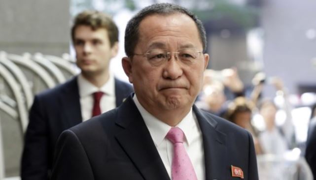This photo carried by The Associated Press on Sept. 25, 2017, shows North Korean Foreign Minister Ri Yong-ho speaking to reporters outside his hotel in New York where he attended the UN General Assembly meeting. (Yonhap)