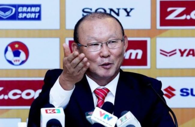 This photo provided by DJ Management shows Park Hang-seo speaking at a press conference in Hanoi on Oct. 11, 2017, after he became head coach of the Vietnamese national football team. (Yonhap)