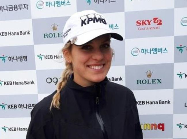Olafia Kristinsdottir of Iceland poses for pictures after an interview with Yonhap News Agency after the first round of the LPGA KEB Hana Bank Championship at Sky 72 Golf & Resort's Ocean Course in Incheon on Oct. 12, 2017. (Yonhap)