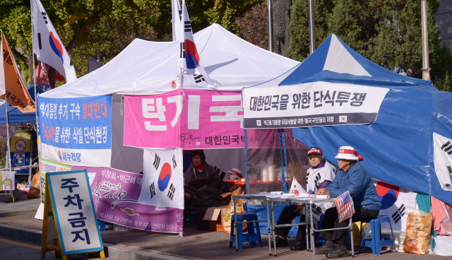 박근혜 전대통령 재판이 열린 13일 서울중앙지법이 있는 서초동 법원 삼거리에는 장기농성에 들어가 있는 박대통령 지지자들이 법원의 결정에 촉각을 곤두세우며 관망을 하고 있다. 이들 중 일부는 재판이 시작되자 방청을 하러 법정으로 향했다.  정희조 기자/checho@heraldcorp.com