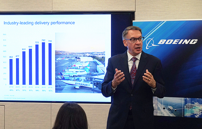 Boeing Commercial Airplanes Vice President of Marketing Randy Tinseth speaks to reporters at Boeing's Seoul offices on Monday. (Boeing)