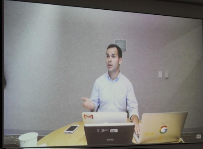 Paul Lambert, an engineer from Google Inc., talks to reporters through a video conference about artificial intelligence technology applied to Gmail on Oct. 18, 2017, in this photo provided by Google Korea. (Yonhap)