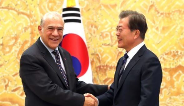 South Korean President Moon Jae-in (R) shakes hands with OECD Secretary-General Angel Gurria before the start of their meeting at the presidential office Cheong Wa Dae in Seoul on Oct. 19, 2017. (Yonhap)