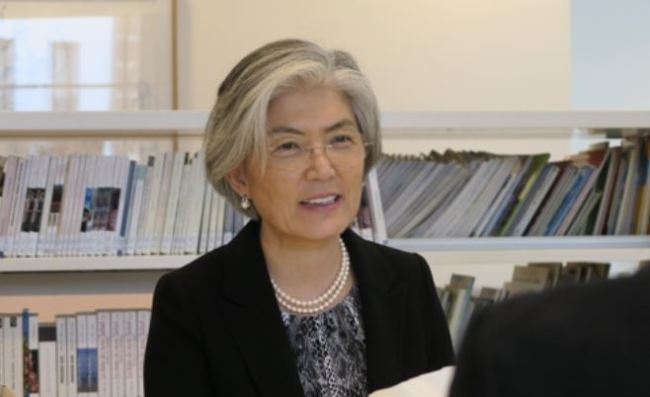This photo taken Oct. 21, 2017, shows Foreign Minister Kang Kyung-wha during an interview with Yonhap News Agency in Brussels. (Yonhap)