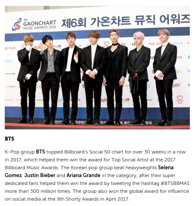 US Weekly features BTS as one of its top 15 most influential celebrities on social media. (Big Hit Entertainment)
