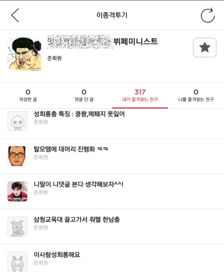 남성 비하표현을 아이디를 설정하고 성희롱 글을 올린 회원들을 즐겨찾기하는 여성 회원에게 항의하며 역으로 이들을 즐겨찾기한 남성 회원의 게시물 캡처. 사진에 등장하는 표현은 비교적 수위가 낮은 표현에 해당한다.