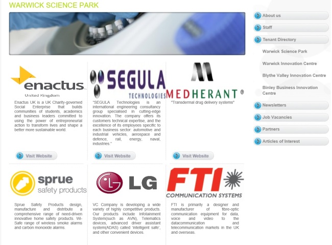 Captured image shows LG Electronics as a tenant of Warwick Science Park.