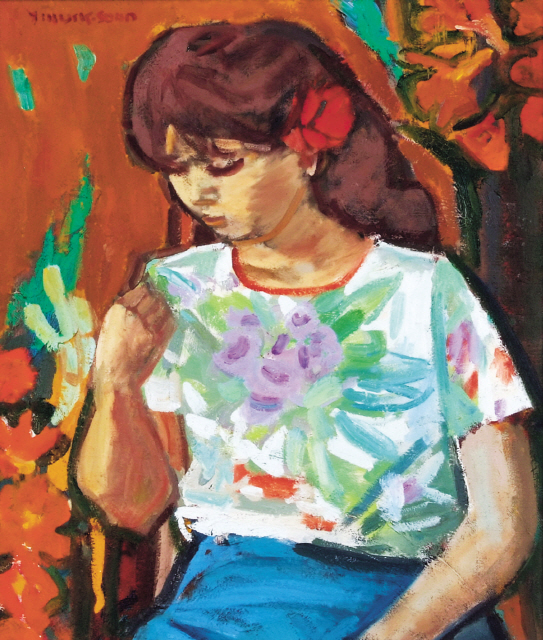 임직순 , 꽃을 단 소녀 , 캔버스에 유채 , 53×45.5cm (10호)1987  [사진제공=헤럴드아트데이]