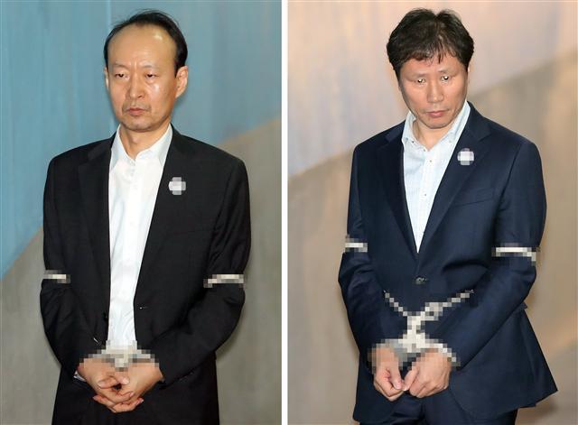 박근혜 정부에서 정호성 이재만과 함께 ‘문고리 3인방’으로 불렸던 안봉근 전 청와대 제2 부속비서관이 2일 ‘구속적부심을 받기위해 법원에 출두하며 취재진의 카메라를 응시하고 있다. 안봉근과 이재만(왼쪽) 전 총무비서관은 모두 구속영장이 발부됐다.  정희조 기자/checho@