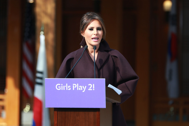 US first lady Melania Trump gives a speech during "Girls Play 2!" Initiative, an Olympic public diplomacy outreach campaign, at the US Ambassadors residence in Seoul on Tuesday. (Yonhap)