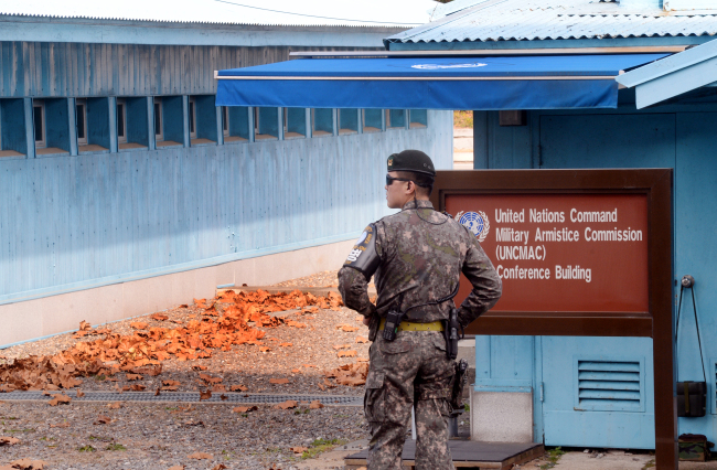 South Korea's army soldier stands at a conference room inside JSA. Park Hyun-koo/The Korea Herald.