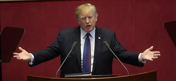 US President Donald Trump delivers an address before South Korea's National Assembly on Nov. 8. (Yonhap)