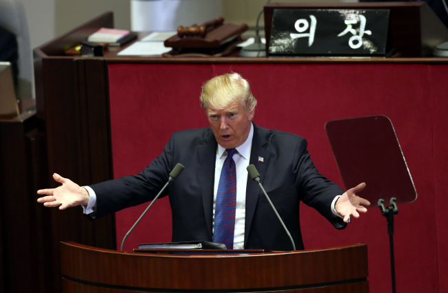 US President Donald Trump at South Korea's National Assembly (Yonhap)