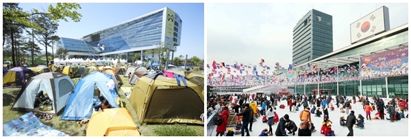 성남시청 광장에 설치된 텐트(왼쪽)과 용인시청 광장 눈썰매장(오른쪽)
성남시청 광장에 설치된 텐트(왼쪽)과 용인시청 광장 눈썰매장(오른쪽)