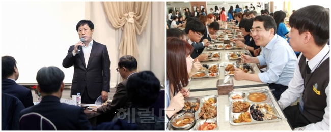 정찬민 용인시장(왼쪽)이 13일 용인시내 30개 고교 교장들을 대상으로 무상급식 간담회를 갖고있다. 양기대 광명시장(오른쪽)은 지난 9월1일 광명 명문고 급식실에서 학생들과 식사를 하고있다.[사진=헤럴드DB]
정찬민 용인시장(왼쪽)이 13일 용인시내 30개 고교 교장들을 대상으로 무상급식 간담회를 갖고있다. 양기대 광명시장(오른쪽)은 지난 9월1일 광명 명문고 급식실에서 학생들과 식사를 하고있다.[사진=헤럴드DB]