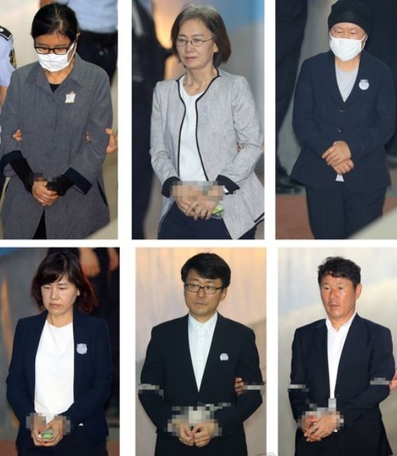 This composite photo, filed June 23, 2017, shows the six defendants accused of committing irregularities to help the daughter of Choi Soon-sil (top L), former President Park Geun-hye`s confidante, with university admissions. Clockwise from top center are former Ewha Womans University President Choi Kyung-hee; Prof. Kim Kyoung-sook; former head of admissions Namkung Gon; and Profs. Rhu Cheol-kyun and Lee In-seong. (Yonhap)