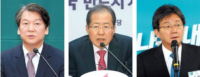Ahn Cheol-soo (left), Hong Joon-pyo, Yoo Seong-min (Yonhap)