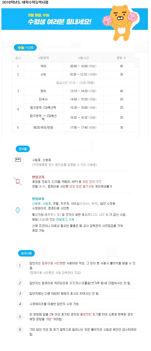 2018년 대입수능 시험일이 다가왔다. 3년간의 갈고닦은 실력 발휘를 위해서는 컨디션 조절이 무엇보다 중요하다. 사진은 포털에 올라와 있는 수능 시간표와 유의점 화면 캡처